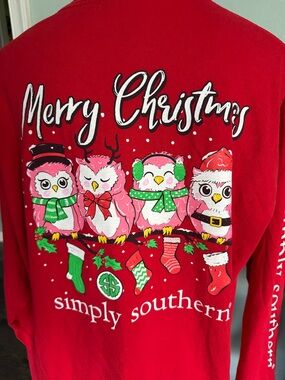 Simply Southern Women’s Red Long Sleeve Merry Christmas Owl Shirt Size XL